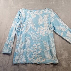 J. McLaughlin Light Blue Floral Leaf Boatneck Top Sz M 3/4 Sleeve